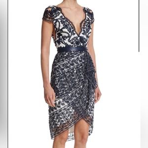 Marchesa Notte Navy floral Lace white midi dress
